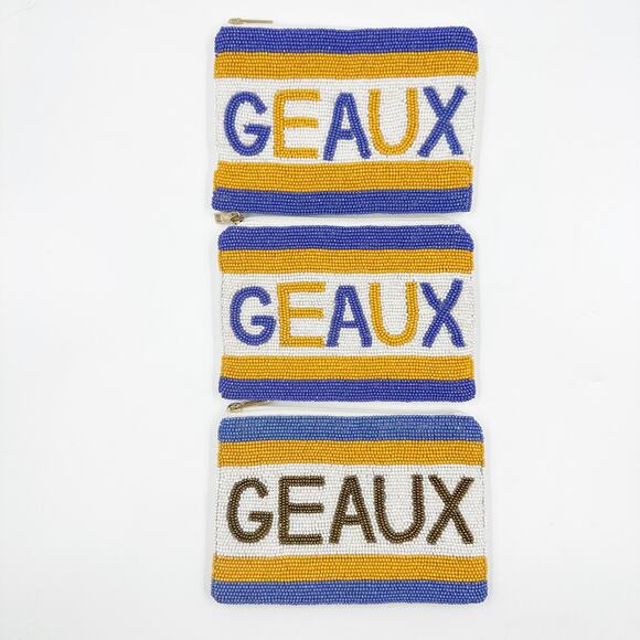 LSU GEAUX Tigers Beaded Coin Purse HARPER Privacy Pouch Purple Gold White NEW - Picture 1 of 7